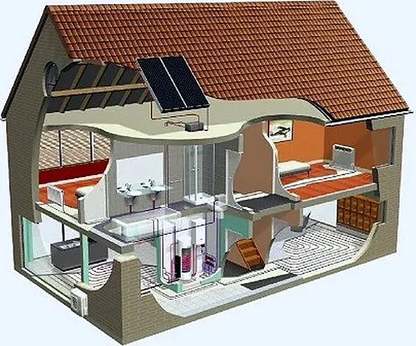 Cutaway diagram of a house heated by a heat pump
